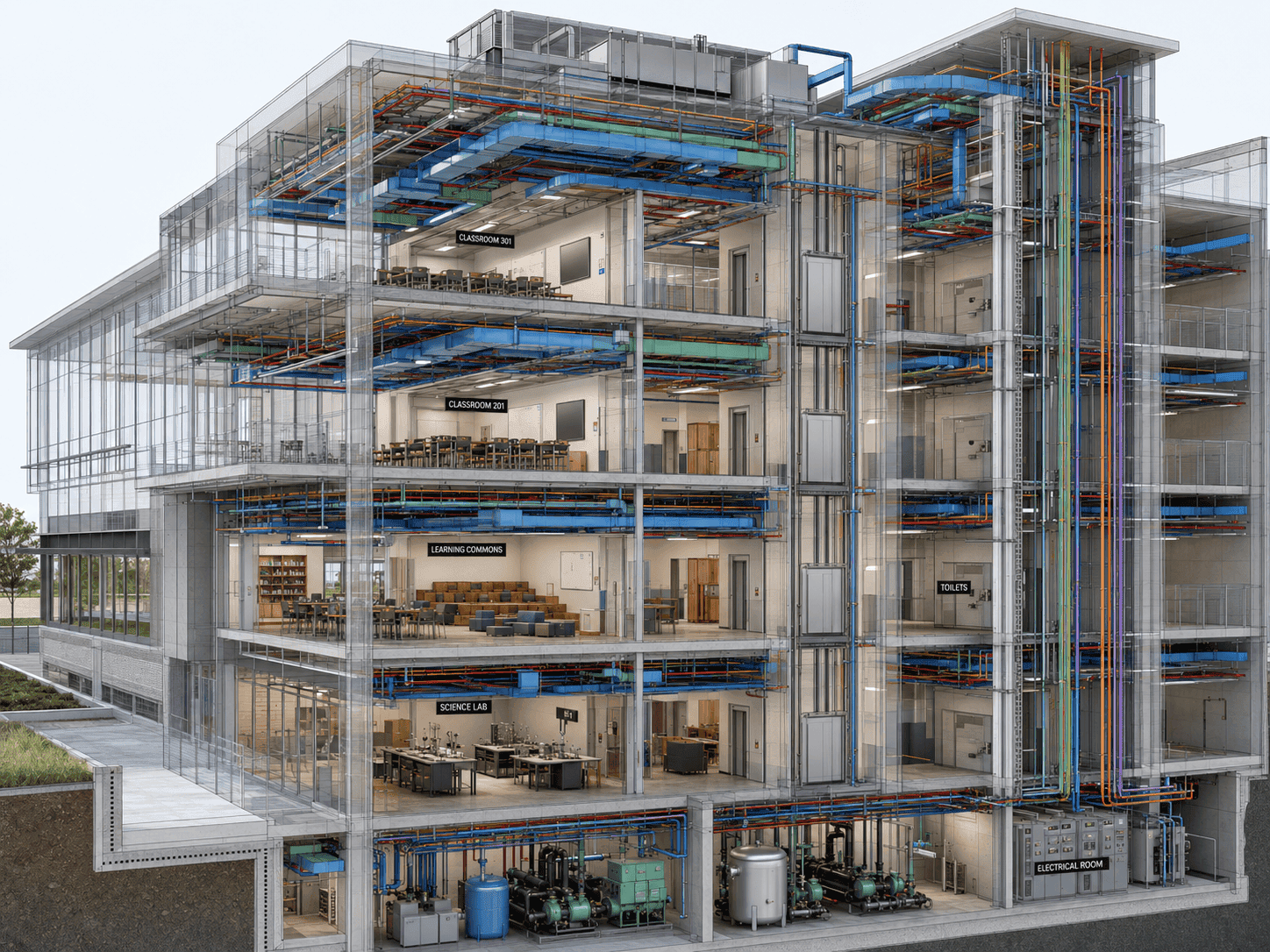 MEP BIM coordination — X-ray view of mechanical, electrical and plumbing systems across multiple levels