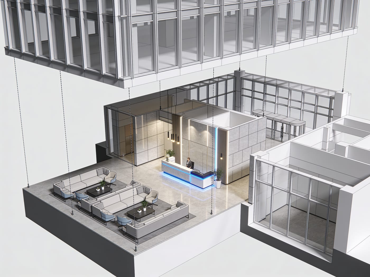Architectural BIM — exploded axonometric view showing structural and architectural layers