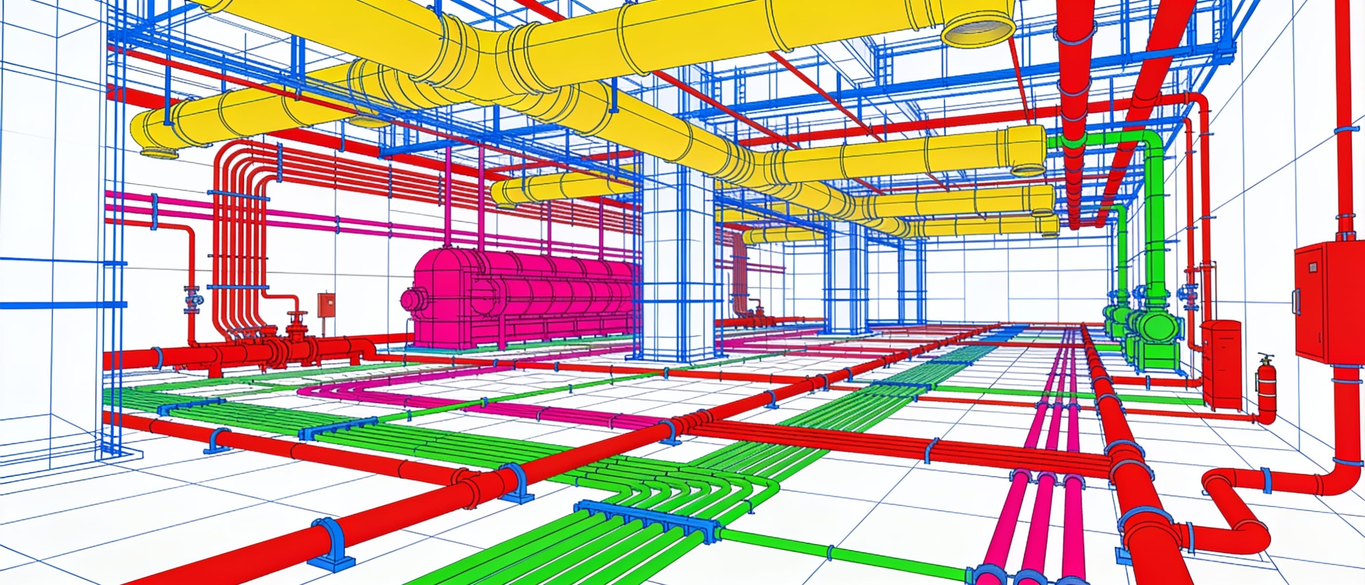 Clash detection result — building X-ray view with all MEP services visible and coordinated within structural frame
