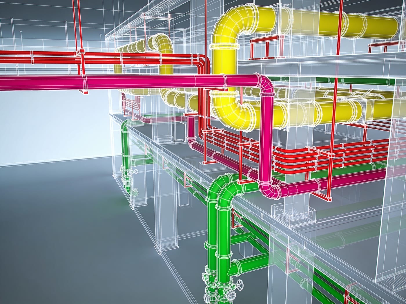 MEP BIM X-ray — education building with all MEP services visible in X-ray transparency view