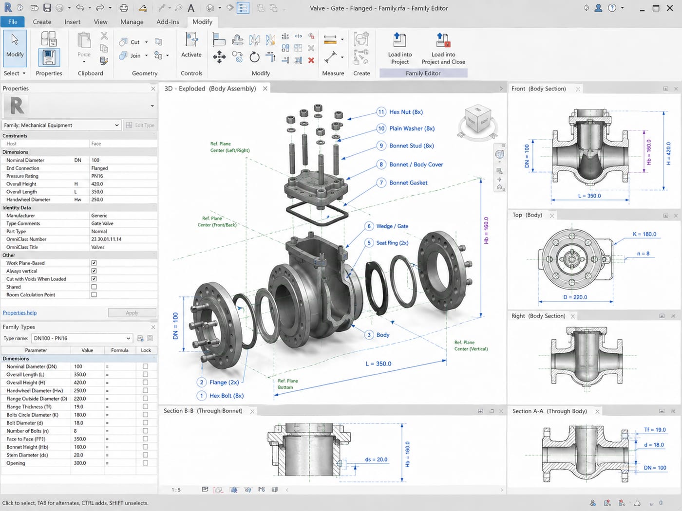 Revit family — exploded view of gate valve parametric family showing all components